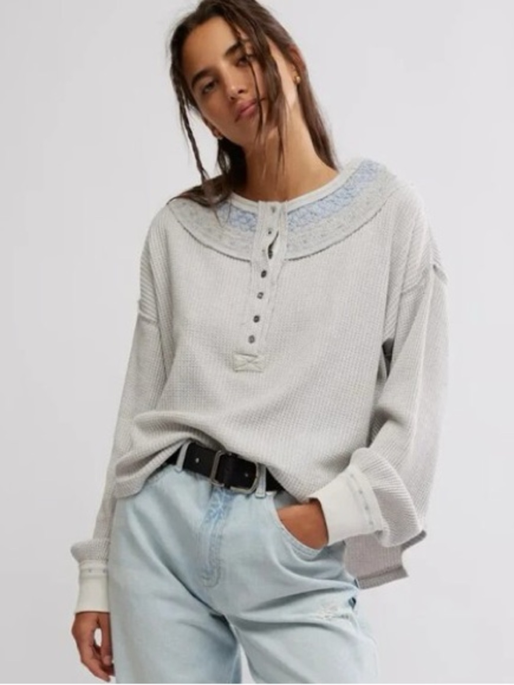 Free People Holly Henley Top (Darker grey than stock photo) Size Small